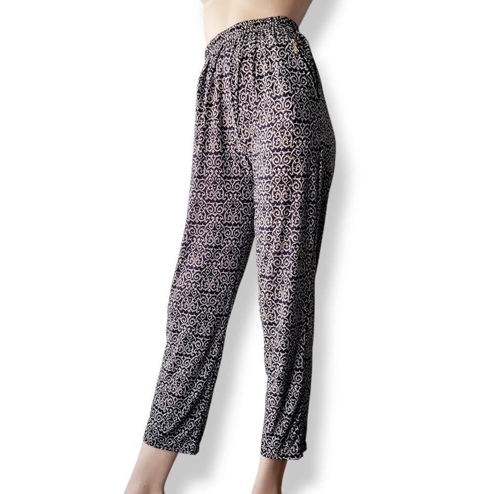 Navy & Cream Elizabethan Patterned High Waist Pants with Zipper Pockets